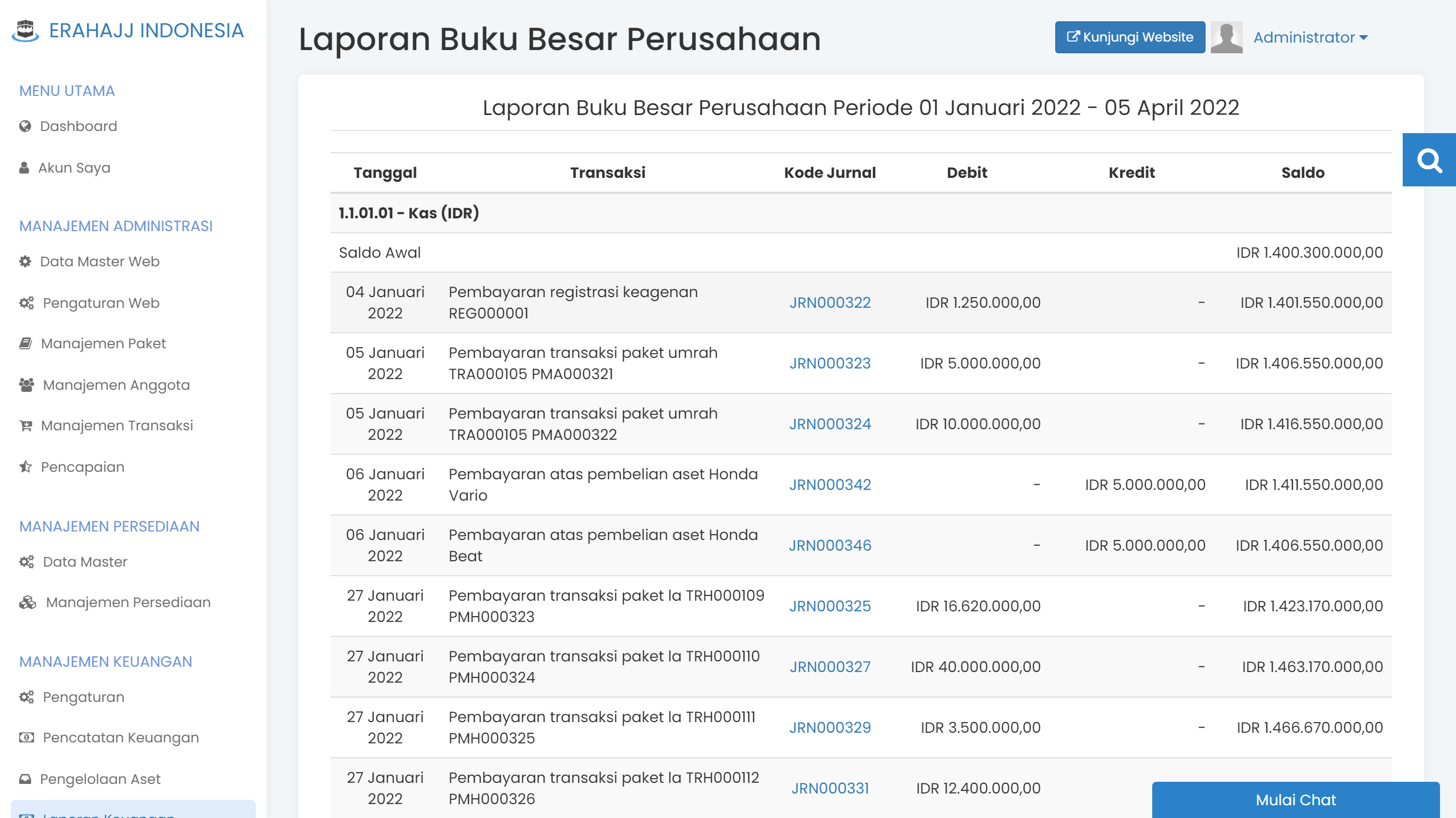 Layar jurnal dan buku besar perusahaan di Erahajj
